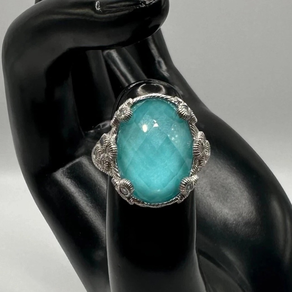 Judith Ripka Sterling Oval Turquoise and Quartz Doublet Cocktail Ring 5.75 - Picture 8 of 16